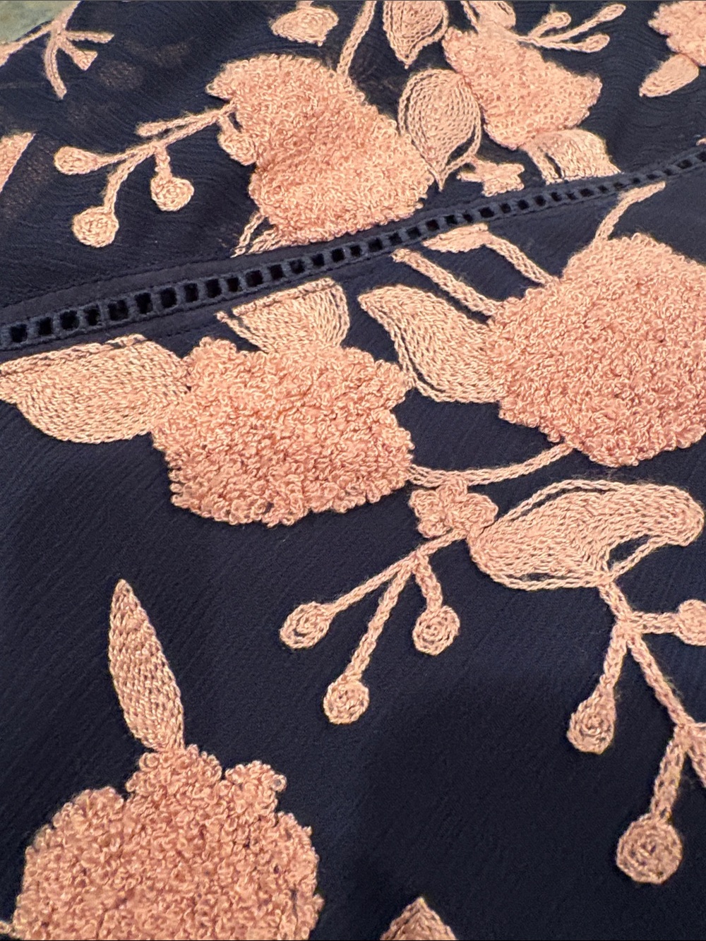Maeve Anthropologie Navy Top with Pink Floral Chenille Embroidery - Picture 3 of 4